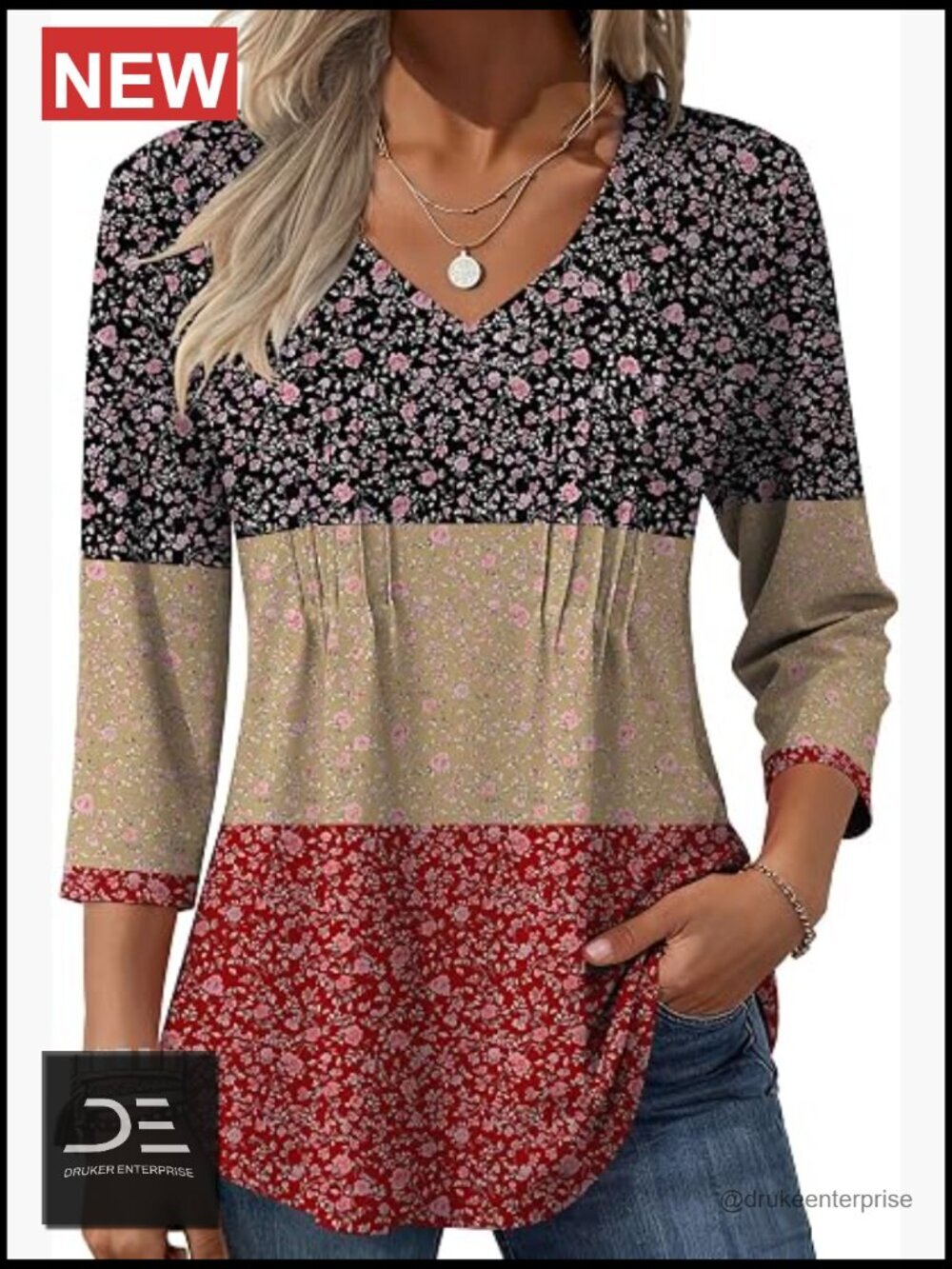3/4 Length Sleeve V Neck Pleated Top Boho Floral Blouse Work Shirt